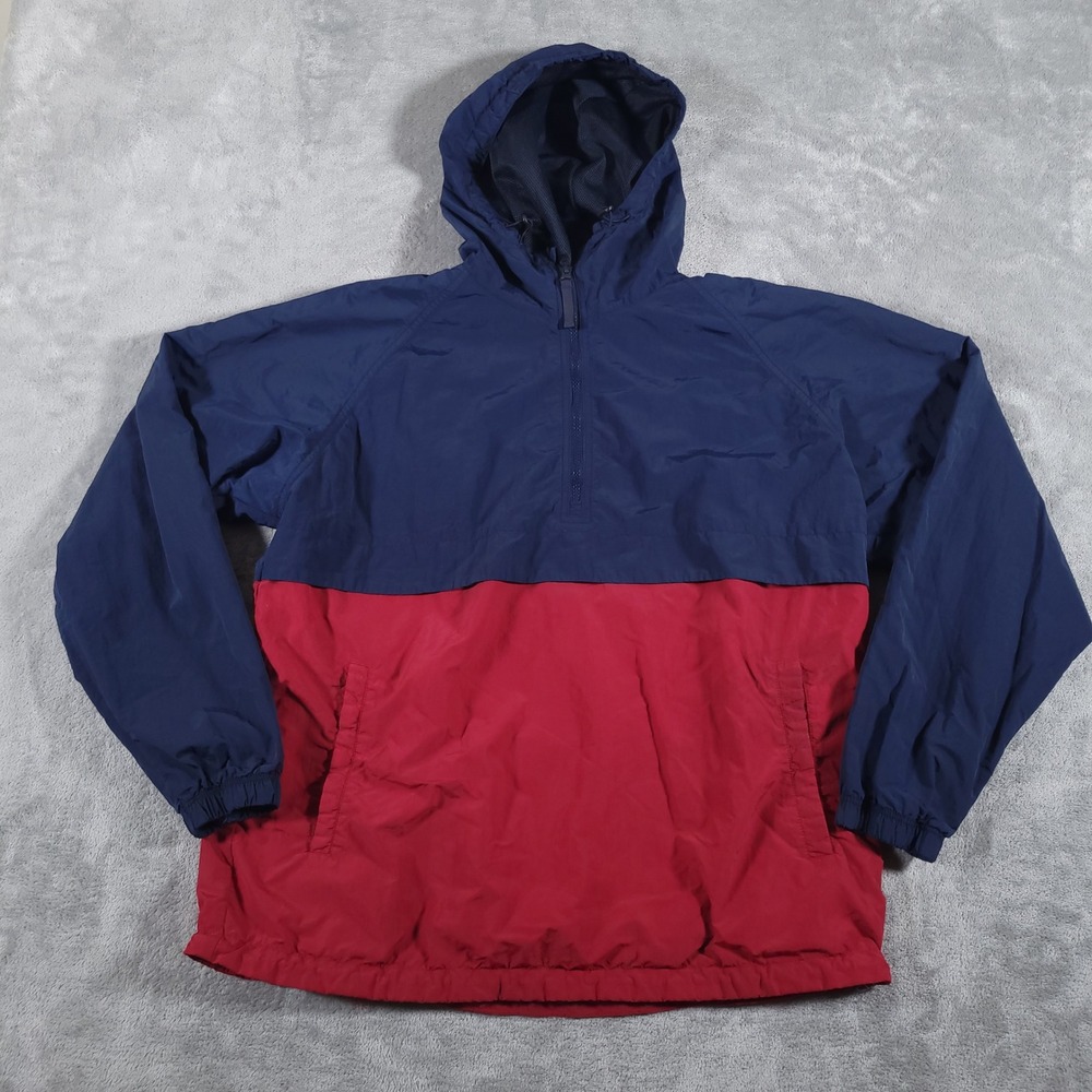 Uniqlo Anorak Jacket Mens L Navy Red Colorblock Half Zip Hooded Windbreaker